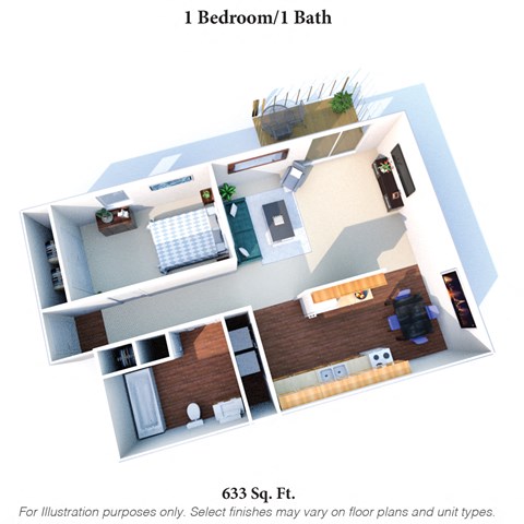 Floor plan for 1 bed, 1 bath, 633 sqft